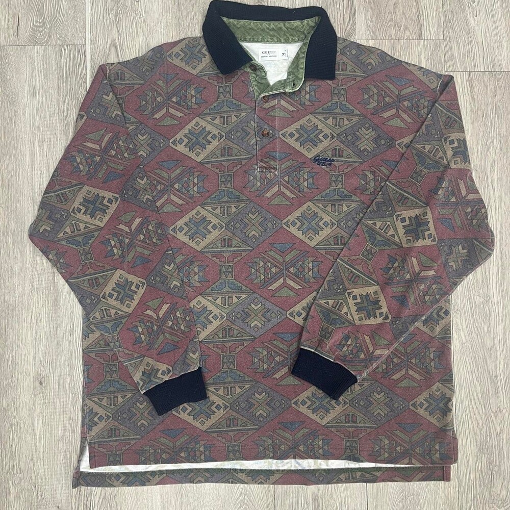 Guess USA by georges marciano Aztec Print Long Sleeve Polo Shirt Mens Medium